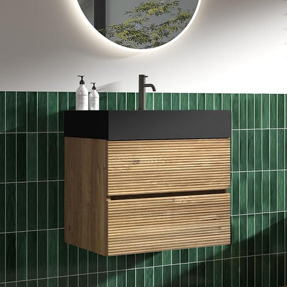 24 Inch Floating Bathroom Vanity with Black Sink, Modern Wall Mounted Floating Vanity with 2 Soft-Closing Drawers, Large Storage for Apartment, Hotel, Rough Oak