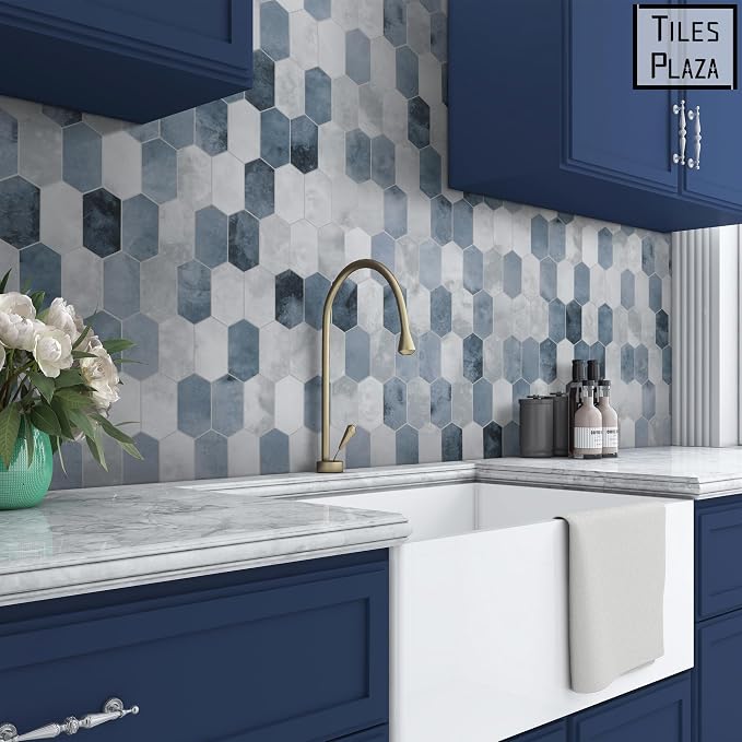 The Tiles Plaza 10-Sheet Peel and Stick Backsplash, 12" x 11.5" Blue Cement Long Hexagon Self-Adhesive Wall Tile, Stone Composite Stick On Decorative Mosaic Tile for Kitchen Bathroom Fireplace
