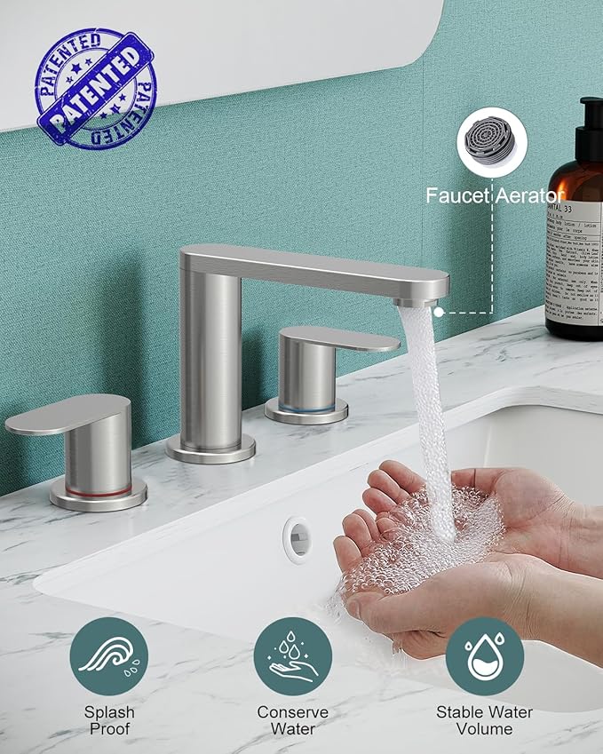 BWE Brushed Nickel Bathroom Faucet for Sink 3 Hole, Stainless Steel Widespread Bathroom Faucets with Pop-up Drain and Supply Lines, 360° Swivel Spout 2-Handle Bathroom Sink Faucet for Bath Vanity