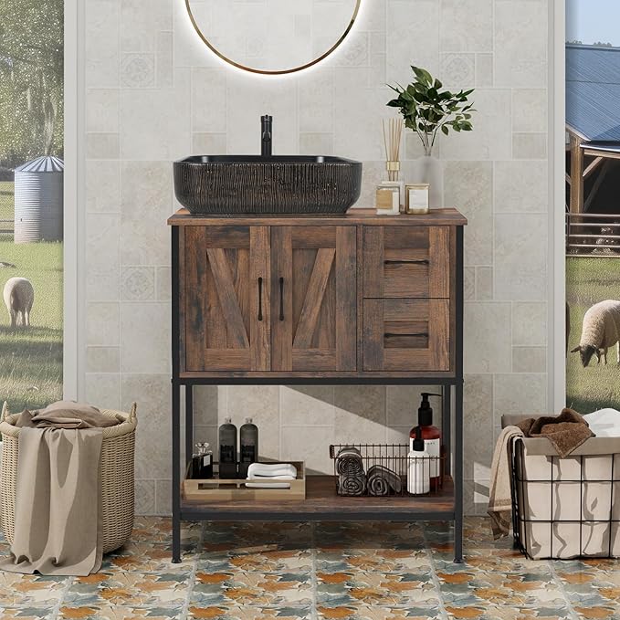 YOURLITE Bathroom Vanity, 30" Rustic Brown Bathroom Vanity with Sink Combo Set, Farmhouse Modern Wood Cabinet with Black Art Ceramic Vessel Sink