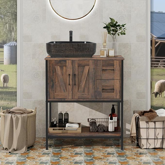 YOURLITE Bathroom Vanity, 30" Rustic Brown Bathroom Vanity with Sink Combo Set, Farmhouse Modern Wood Cabinet with Black Art Ceramic Vessel Sink