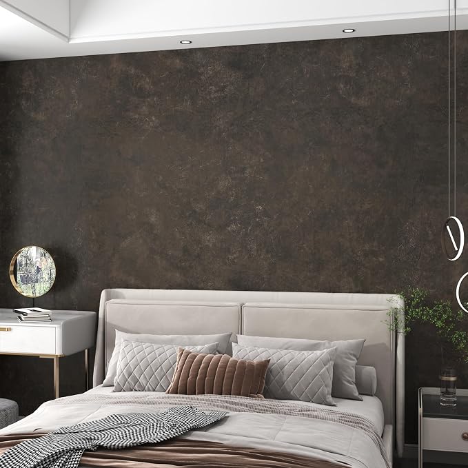 3yecao 16"×1181" Big Roll Large Size Thick Dark Brown Tan Grey Concrete Wallpaper Peel and Stick Vinyl Wrap Glossy Waterproof Taupe Charcoal Gray Concrete Cement Contact Paper for Bedroom Office Walls