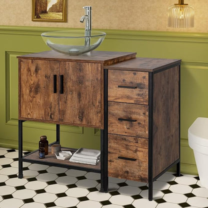 UEV 36" Antique Bathroom Vanity, Dark Brown Bathroom Vanity Set with Sink and 3 Drawers Side Cabinet Combo, Iron Wood Bathroom Cabinet with Adjustable Water Temperature Faucet (A16)