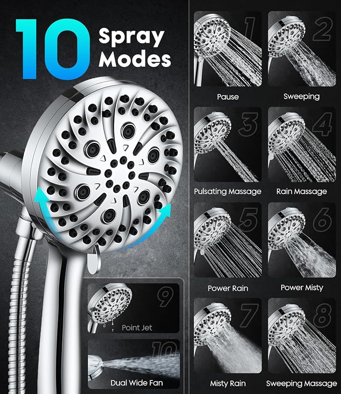 Handheld Shower Head High Pressure JOMST – Magnetic Holder,10 Spray Modes with Power Wash for Pets&Tile&Toilet, Filtered for Softer Skin & Shinier Hair, 1.8GPM, Stainless Steel Hose