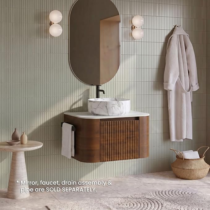 24" Preassembled Floating Bathroom Vanity with Carrara Finish Sink, Walnut | Mid-Century Modern Style, Fluted & Soft-Close Drawer with U-shaped Wall, Sinterted Stone Countertop, Towel Rack Included