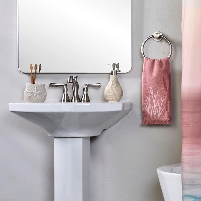 SKL Home Ocean Coral Sculpted Hand Towel Set-2pc, 100% Cotton, Coral | Soft & absorbent with fringed hem. For use in the bathroom, kitchen, or bar. Great for Airbnb, beach homes & coastal décor.