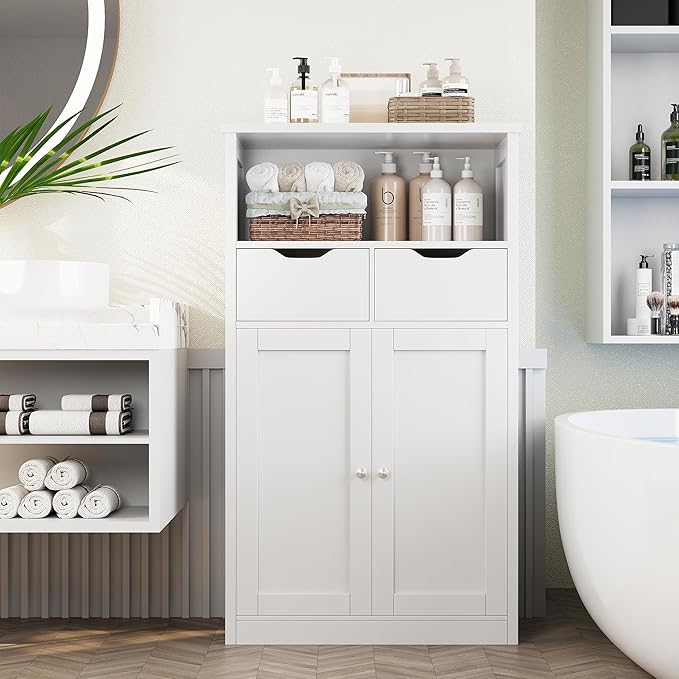 Shintenchi Floor Storage Cabinet, Bathroom Storage Organizer with Doors and Drawers, Freestanding Side Cupboard Pantry with Adjustable Shelf for Bathroom/Kitchen/Livingroom, White