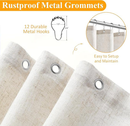 Extra Long Linen Shower Curtain 84 Inch Long Weighted Thick Fabric Bath Shower Curtain Set with Hooks, XLong Tall Country Farmhouse Beige Curtains for Bathroom, 72x84