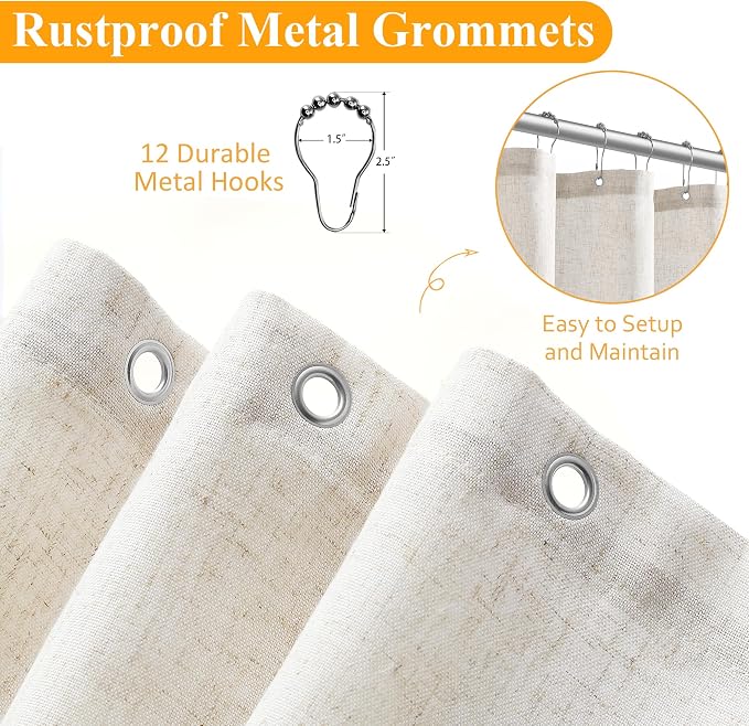 Extra Long Linen Shower Curtain 88 Inch Long Weighted Thick Fabric Bath Shower Curtain Set with Hooks, XLong Tall Country Farmhouse Beige Curtains for Bathroom, 72x88
