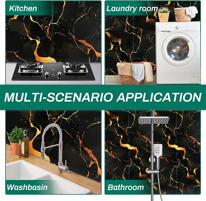 12pcs Black and Gold Peel and Stick Tiles 23.6"x11.8" Waterproof Heat Resistant Self Adhesive Removable PVC Wall Panels for Kitchen Backsplash, Bathroom, Laundry Room (Not Real Tile, Not for Floor)