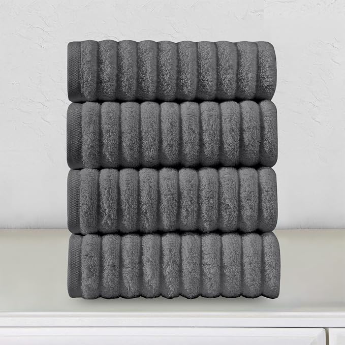Elegant Comfort Luxury 100% Turkish Cotton Corduroy Ribbed 4 Pack Hand Towel Set 16 x 28 Inch - Absorbent, Super Soft, Quick Dry, Premium Towels for Bathroom, Gym, Spa and Hotel Use, Gray