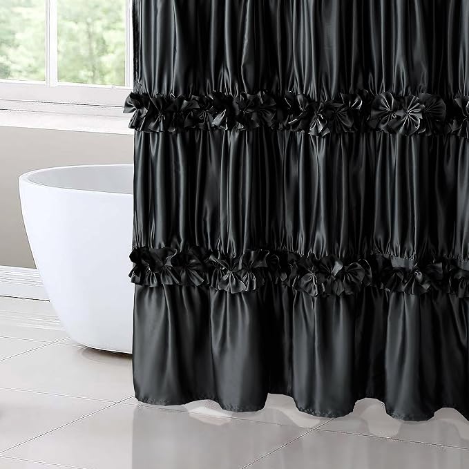 Homechoice Decor Black Handcrafted Bow Tie Shower Curtain 72" W x 72" H | Vintage Ruffle Bath Curtain for Master Bathroom, Ruched Satin Bathroom Curtain with 12 Buttonholes (LQ-10)
