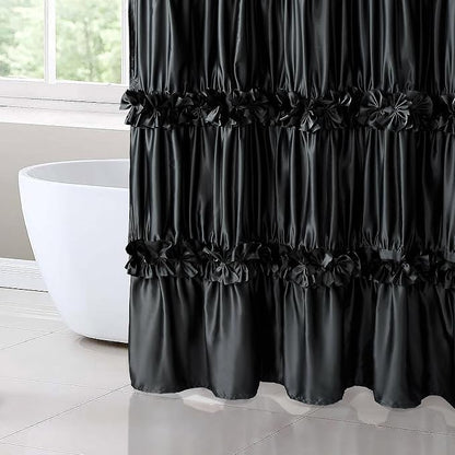 Homechoice Decor Black Handcrafted Bow Tie Shower Curtain 72" W x 72" H | Vintage Ruffle Bath Curtain for Master Bathroom, Ruched Satin Bathroom Curtain with 12 Buttonholes (LQ-10)