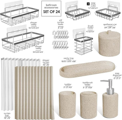 Clara Clark Bathroom Set - Beige Bathroom Accessories Set, 24PC Bathroom Accessory Set, Bathroom Sets with Shower Curtain Set, Adhesive Corner Shower Caddy Hanging & Soap Dispenser