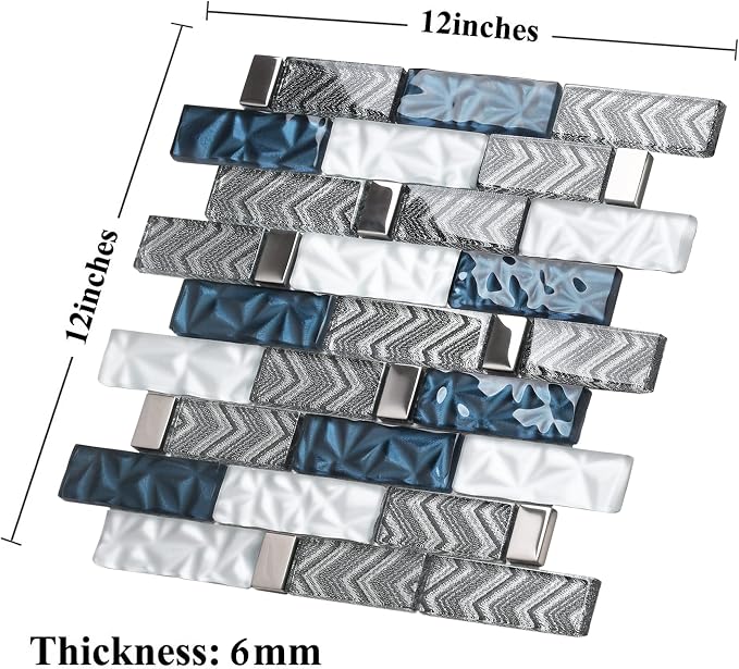 Glass Tiles Backsplash Subway Blue Mosaic Tile for Kitchen Bathroom Walls (Pack of 5 Sheets)