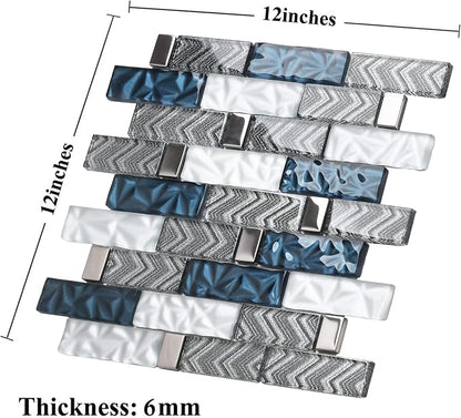 Glass Tiles Backsplash Subway Blue Mosaic Tile for Kitchen Bathroom Walls (Pack of 5 Sheets)