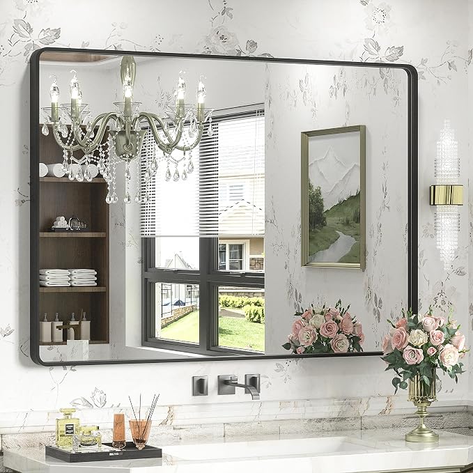 44x32 Inch Black Metal Framed Bathrrom Mirror for Wall | Rounded Rectangle, Matte Black Bathroom Vanity Mirror, Anti-Rust, Tempered Glass, Hangs Horizontally or Vertically