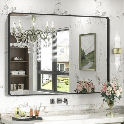 44x32 Inch Black Metal Framed Bathrrom Mirror for Wall | Rounded Rectangle, Matte Black Bathroom Vanity Mirror, Anti-Rust, Tempered Glass, Hangs Horizontally or Vertically