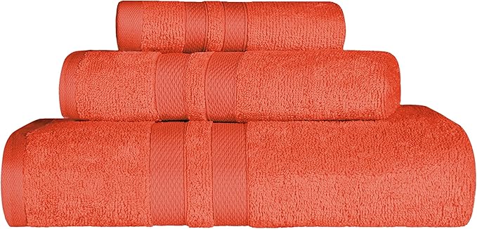 SUPERIOR Ultra-Soft 3-Piece Cotton Towel Set, Daily Use for Bathroom, Guest Room, Quick Dry, Set Includes 1 Bath Towel, 1 Hand Towel, and 1 Washcloth, Essential Plush Towels for Home - Tangerine