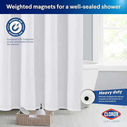 Clorox 2-in-1 Bathroom Shower Curtain Liner, Durable Fabric, Weighted Magnets for Bath Water Control, Washable Premium Quality, Extra Long, Modern - 72" x 78" White