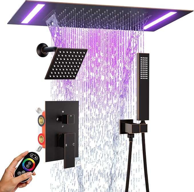 ENGA Oil Rubbed Bronze Dual Rain Shower Head System, 2 In 1 Functions Ceiling Mount 14x20inch LED Shower Head with 6 Inch Shower Head, Rainfall Waterfall Shower Faucet Set
