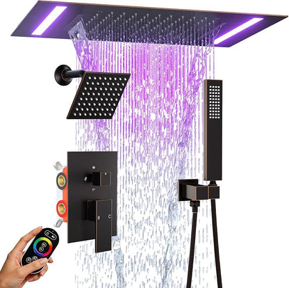 ENGA Oil Rubbed Bronze Dual Rain Shower Head System, 2 In 1 Functions Ceiling Mount 14x20inch LED Shower Head with 6 Inch Shower Head, Rainfall Waterfall Shower Faucet Set