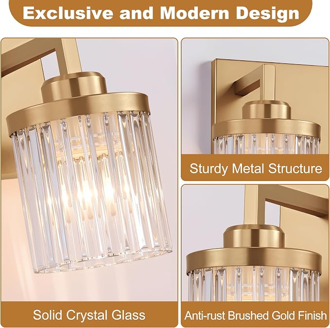 Modern 4-Light Gold Vanity Lights, Crystal Glass Bathroom Fixtures | Brushed Gold Finish, Rust-resistant Metal, Industrial Design, E26 Compatible, Over Mirror Wall Light for Bathroom Restroom