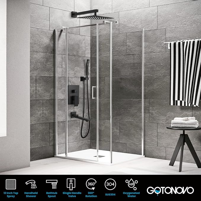 gotonovo Tub Shower Faucet Set with Valve Kit 12’’ Head,Matte Black | Shower System with Tub Spout,SUS304 Rain Head with Handheld Sprayer,Swivel Spout,All Metal,Rough-In Valve Trim Kit,Wall Mount
