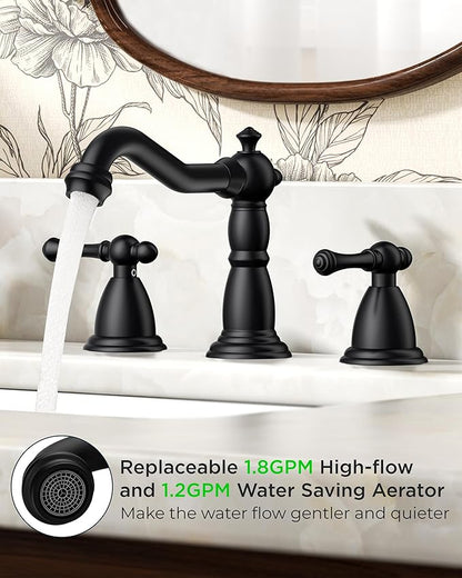 FORIOUS Matte Black Bathroom Faucets 3 Hole, Widespread Bathoom Sink Faucet Dual Handle with Pop-Up Drain and Water Supplies for Commercial Vanity Lavatory Restroom Farmhouse