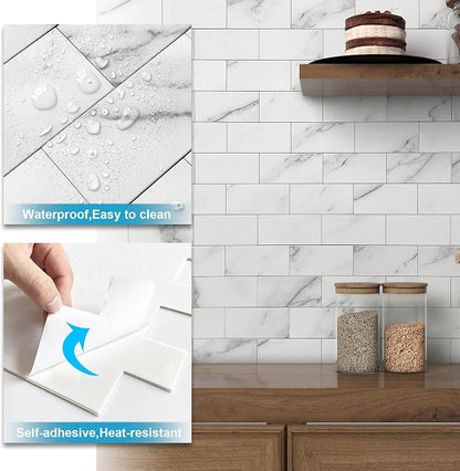 BeNice Marble Peel Stick Backsplash Tile Kitchen Fishbelly White 10pcs