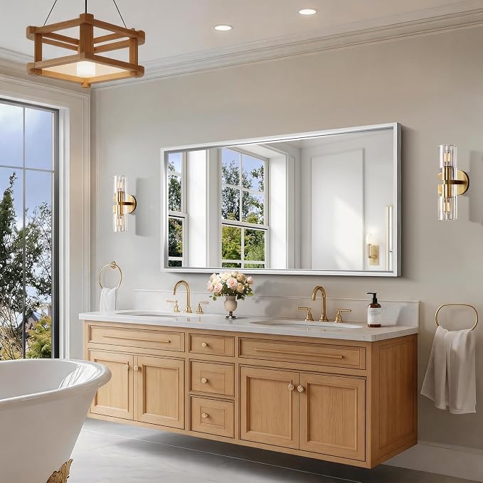 CIRCUMI 30"x55" Brushed Silver Bathroom Mirror, Double Sink Vanity Mirror | Chunky Box Metal Frame, Shatterproof, Tempered Glass, Bathroom Remodel&New Home, Large Rectangular Mirror for Living Room