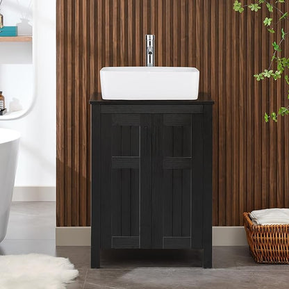 UEV Black 24" Bathroom Vanity with Sink Combo,Modern Vanity with Vessel Sink,Stylish Bathroom Vanity Cabinet,Grooved Doors & Metal Handles,Modern Rectangle Ceramic Vessel Sink(T03)