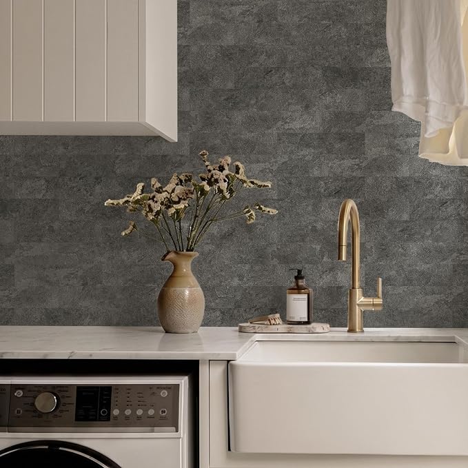 Vamos Tile Peel & Stick Backsplash, Textured 40-Piece 3''x12'' Subway Tile | Dark Gray Slate Seamless Wall Tile,PVC Faux Stone Stick on Subway Tiles for Kitchen,Bathroom,Laundry,Camper,Fireplace