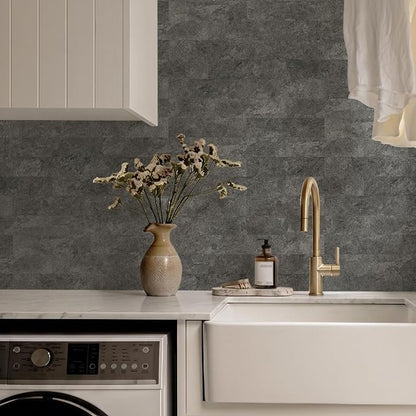 Vamos Tile Peel & Stick Backsplash, Textured 40-Piece 3''x12'' Subway Tile | Dark Gray Slate Seamless Wall Tile,PVC Faux Stone Stick on Subway Tiles for Kitchen,Bathroom,Laundry,Camper,Fireplace