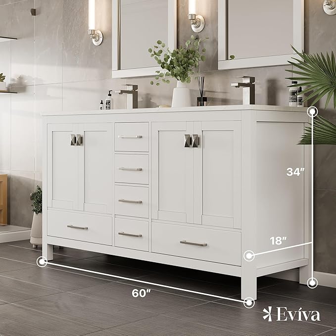 Eviva London 60 Inch Double Vanity Sink - White Double Vanity Sinks for Bathrooms, Bathroom Vanity 60 Inch Double Sink W Carrara Quartz Top & Porcelain Sinks, Bathroom Vanities W/Soft-Closing Drawers