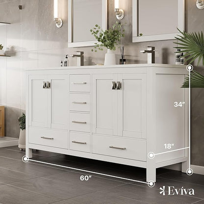 Eviva London 60 Inch Double Vanity Sink - White Double Vanity Sinks for Bathrooms, Bathroom Vanity 60 Inch Double Sink W Carrara Quartz Top & Porcelain Sinks, Bathroom Vanities W/Soft-Closing Drawers