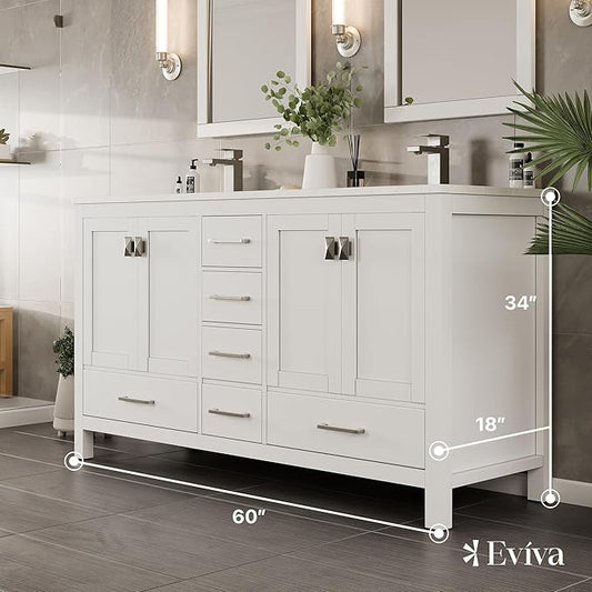 Eviva London 60 Inch Double Vanity Sink - White Double Vanity Sinks for Bathrooms, Bathroom Vanity 60 Inch Double Sink W Carrara Quartz Top & Porcelain Sinks, Bathroom Vanities W/Soft-Closing Drawers