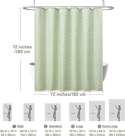 Boho Green Shower Curtain Woven Fabric Cute Shower Curtain with Tassel, 72 x 72 Tufted Chevron Textured Striped Modern Farmhouse Minimalist Cloth Shower Curtain for Bathroom