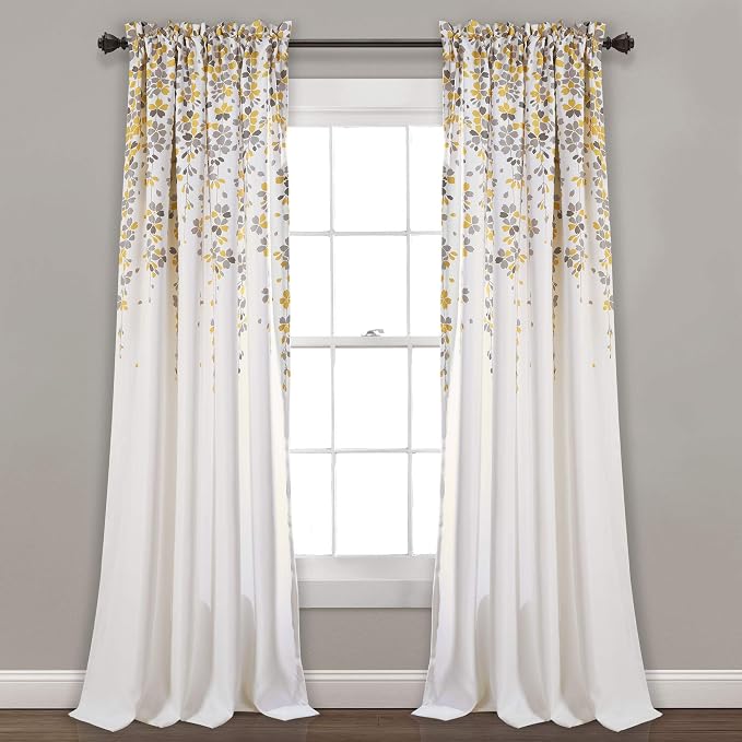Lush Decor Weeping Flower Light Filtering Window Curtain Panels, Pair, 52"W x 108"L + 2" Header, Yellow & Gray - Charming Modern Floral Curtains for Living Room, Dining Room, & Bedroom