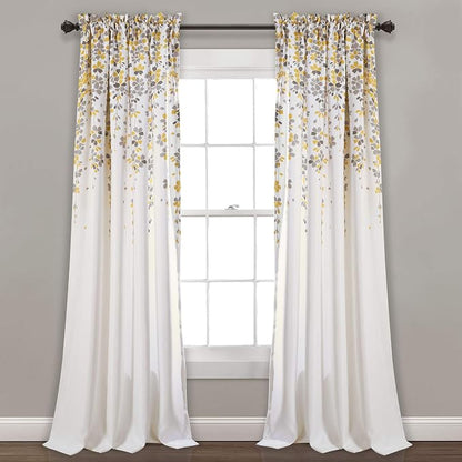 Lush Decor Weeping Flower Light Filtering Window Curtain Panels, Pair, 52"W x 108"L + 2" Header, Yellow & Gray - Charming Modern Floral Curtains for Living Room, Dining Room, & Bedroom