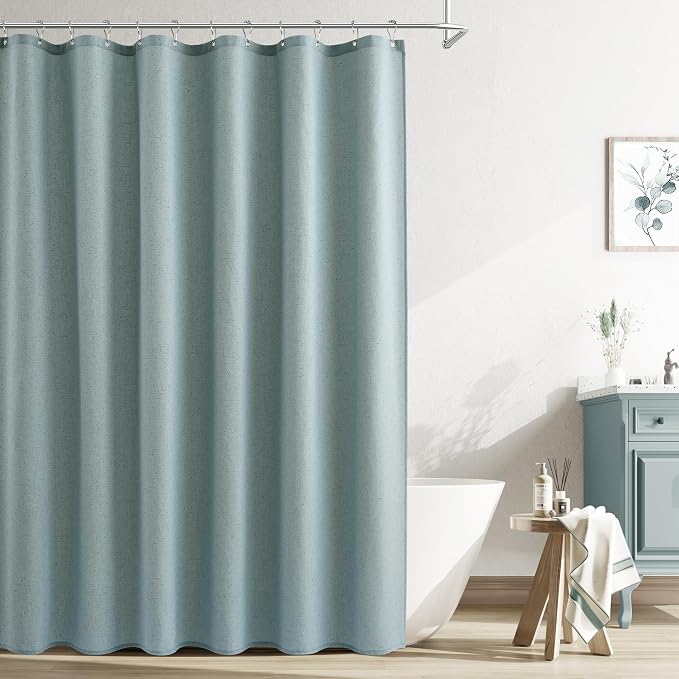 Light Blue Linen Shower Curtain, Country Boho Farmhouse Bath Decor Shower Curtains Neutral Cloth Weighted Textured Fabric Bath Curtain Liner with Hooks, 72x72