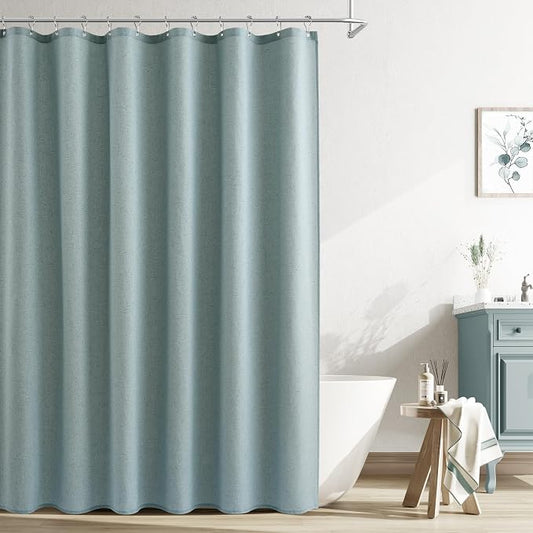 Light Blue Linen Shower Curtain, Country Boho Farmhouse Bath Decor Shower Curtains Neutral Cloth Weighted Textured Fabric Bath Curtain Liner with Hooks, 72x72