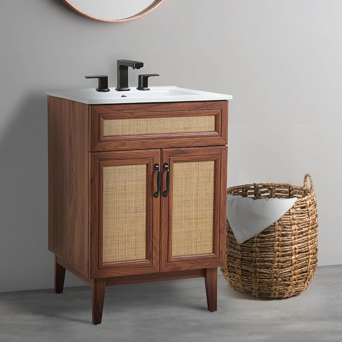 JONATHAN Y Javer Bohemian Rattan Freestanding Bath Vanity, 24", Walnut | 18" Deep, 33" High, 2 Soft-Close Doors, Caned Paneling, 2-Shelf Storage, Basin Not Included, Modern Farmhouse Style