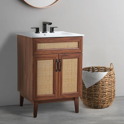 JONATHAN Y Javer Bohemian Rattan Freestanding Bath Vanity, 24", Walnut | 18" Deep, 33" High, 2 Soft-Close Doors, Caned Paneling, 2-Shelf Storage, Basin Not Included, Modern Farmhouse Style