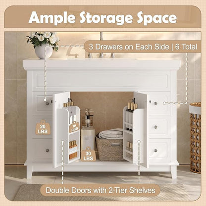 Harper & Bright Designs 48" Bathroom Vanity Set with Sink, Free Standing Single Basin Vanity Set with 2 Soft-Close Doors and 6 Drawers, Wood Storage Cabinet with Resin Basin for Bathroom, White