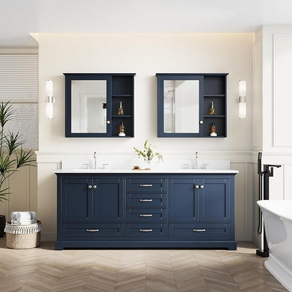 WELLFOR 80" Bathroom Vanity with Double Sinks, Bathroom Freestanding Vanity W/4 Soft-Close Doors and 6 Drawers, Large Storage Space Vanity, Cultured Marble Countertop (Navy Blue)
