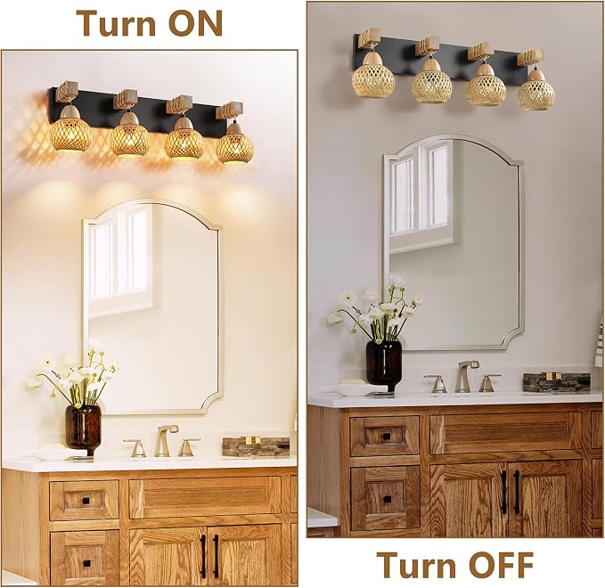 LmnLvn 4-Light Bathroom Vanity Light, Boho Farmhouse Handmade Bamboo Shade | Wood & Black Metal Frame, Rustic Vanity Lighting, Mounted Over Mirror, Easy To Install for Restroom, Bedroom & Hallway