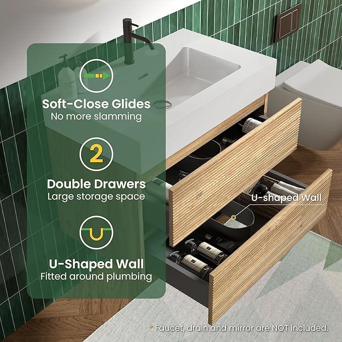 30 Inch Floating Bathroom Vanity with Sink, Modern Floating Bathroom Cabinet with 2 Soft-Closing Drawers, Large Storage for Powder Room, Apartment, Hotel, Rough Oak Finish, Fir Collection