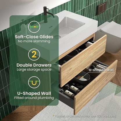 30 Inch Floating Bathroom Vanity with Sink, Modern Floating Bathroom Cabinet with 2 Soft-Closing Drawers, Large Storage for Powder Room, Apartment, Hotel, Rough Oak Finish, Fir Collection