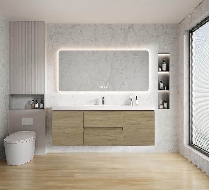 60 Inch Floating Bathroom Vanity with Sink, Large Storage Wall Mounted Floating Vanity with Soft Close Drawers, One-Piece Basin Bathroom Sink Cabinet (Natural Oak, 60")